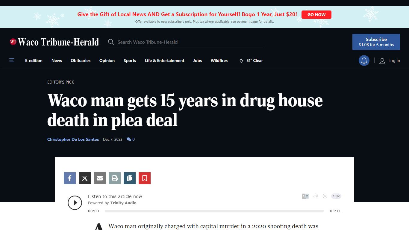 Waco man gets 15 years in drug house death in plea deal