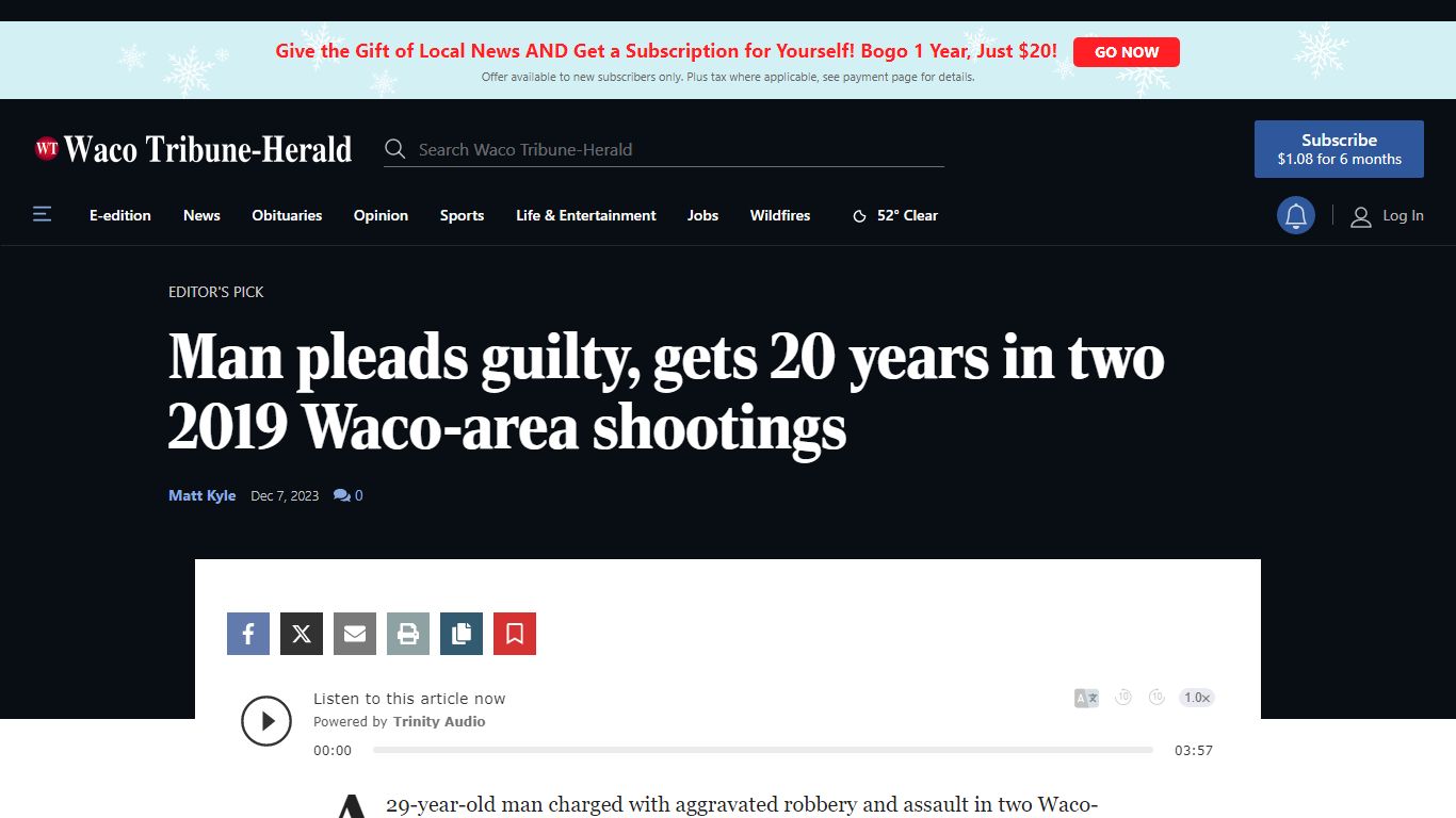 Man pleads guilty, gets 20 years in two Waco-area shootings